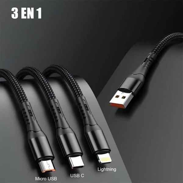 3 i 1 laddningskabel för Samsung Galaxy A14 4G-5G, A34 A54 5G A53 A52 M13 M23 5G, USB-C Micro-USB-kabel Svart 1,2 meter