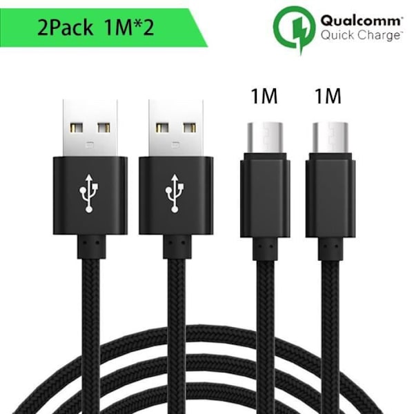 Set med 2 Micro USB-kablar, 1M - Svart Nylon