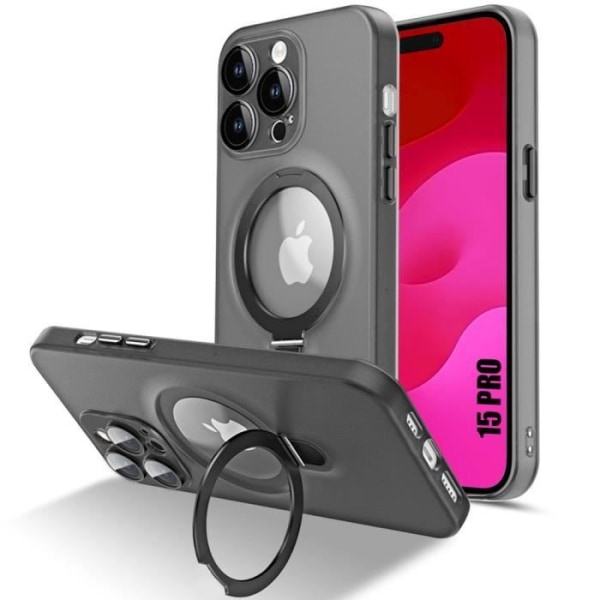 Skal för iPhone 15 Pro, hårt stötsäkert skydd med magnetisk ringhållare och kameraskydd - halvtransparent svart