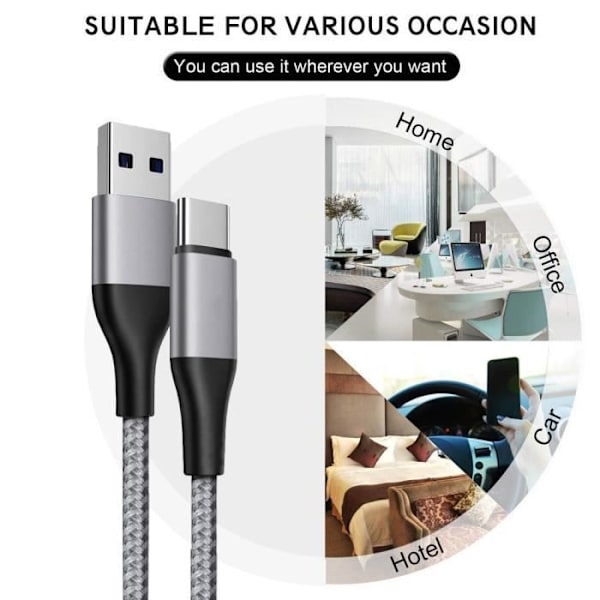 USB-C-kabel - E.F.CONNECTION - 3-pack - Snabbladdning 3A - Flätad nylon - 1M - Grå Grå