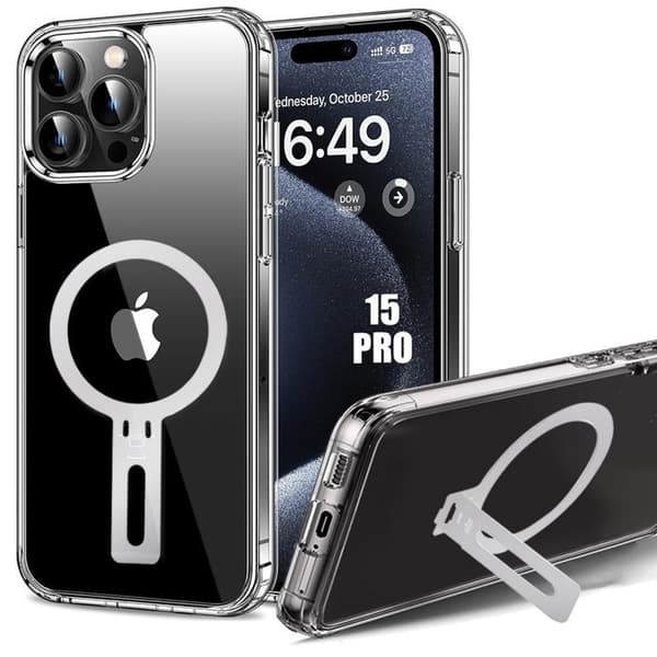Skyddsskal - BOOLING - för iPhone 15 Pro - Stötsäkert silikon - Magnetiskt stöd - Transparent Transparent