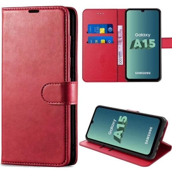 Fodral för Samsung Galaxy A15 5G-4G, hopfällbart stötsäkert PU-läderfodral med kortplatser och stativfunktion Röd
