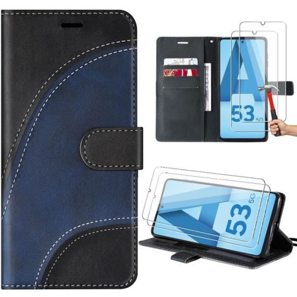 Skyddskal - BOOLING - Samsung Galaxy A53 5G - Syntetiskt läder - Vågformad mönster - 2 härdade glas Svart, Marinblå