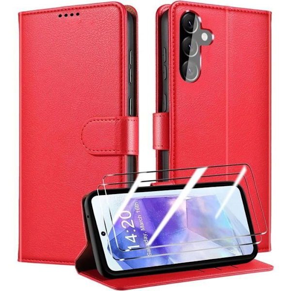 Skyddshölje - Samsung - Galaxy A55 5G - Stöttålig - PU-läder - Kortficka Röd