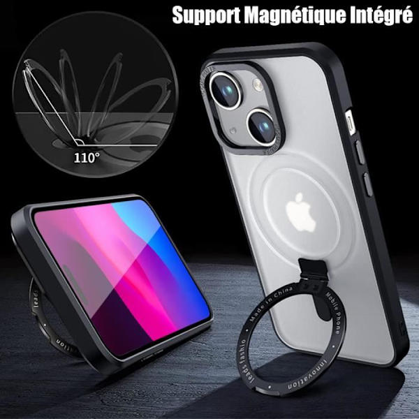 Skal till iPhone 15 Plus, hårt stötsäkert skydd med roterande magnetisk ringhållare - svart