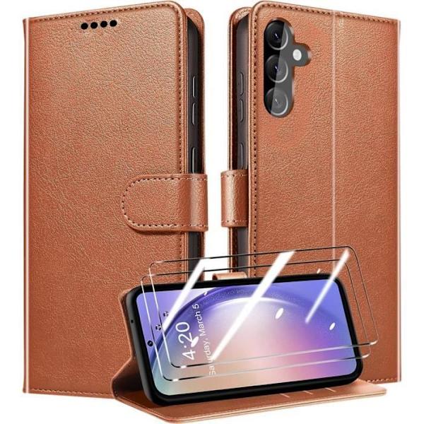 Skyddshölje - Samsung - Galaxy A25 5G - PU-läder - Stötsäker - 2 Härdat glas kastanj