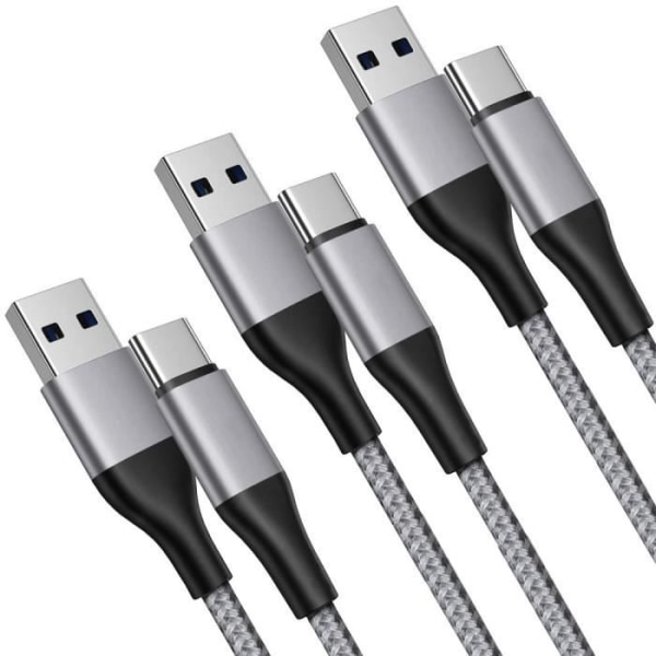 Lot-3 USB-C-kabel 1M snabbladdning 3A för Google Pixel 8 - 8a - 8 Pro - 7 - 7a - 7 Pro - 6 - 6 Pro - 6a - Grå flätad nylon Grå