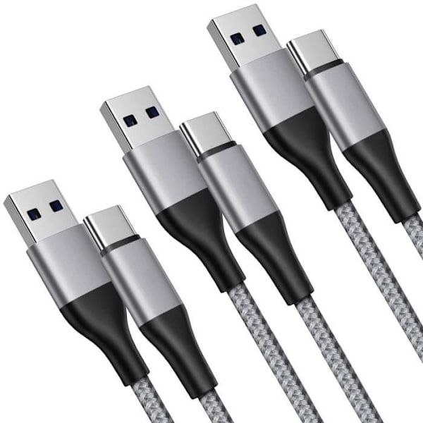 USB-C-kabel - E.F.CONNECTION - 3-pack - 1M - Snabb laddning 3A - Grå vävd nylon Grå