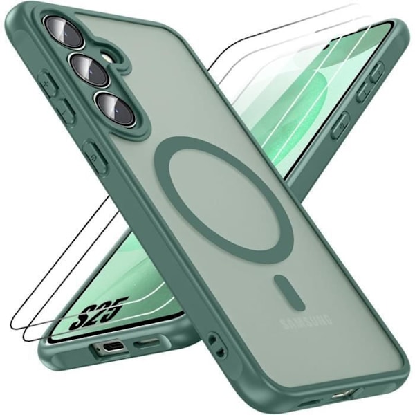 Coque och 2 Fuktiga Glas för Samsung Galaxy S25, Skydd med Magnetring och Kameraglas - Mörkgrön