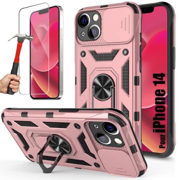 Pack 2 härdade glasögon med fodral för iPhone 14 Rosa styv förstärkt kameraskyddsring