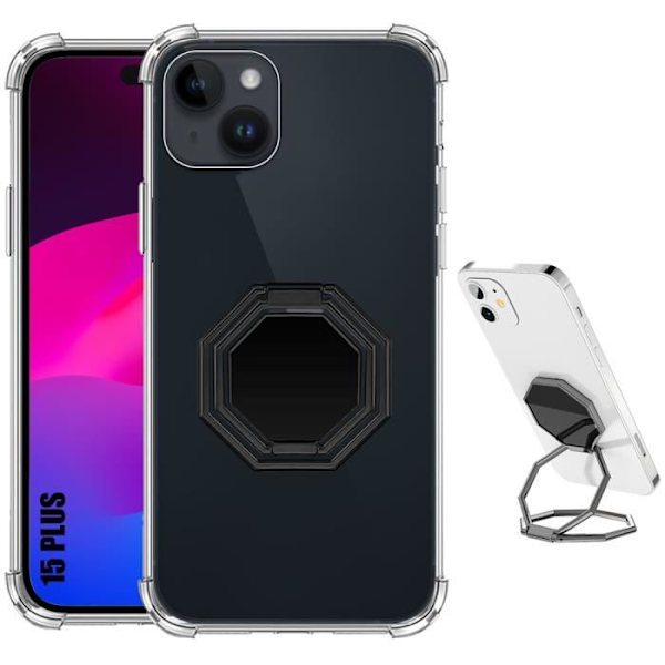 Fodral till iPhone 15 Plus - Stötsäkert transparent silikonskydd med åttkantigt justerbart stöd