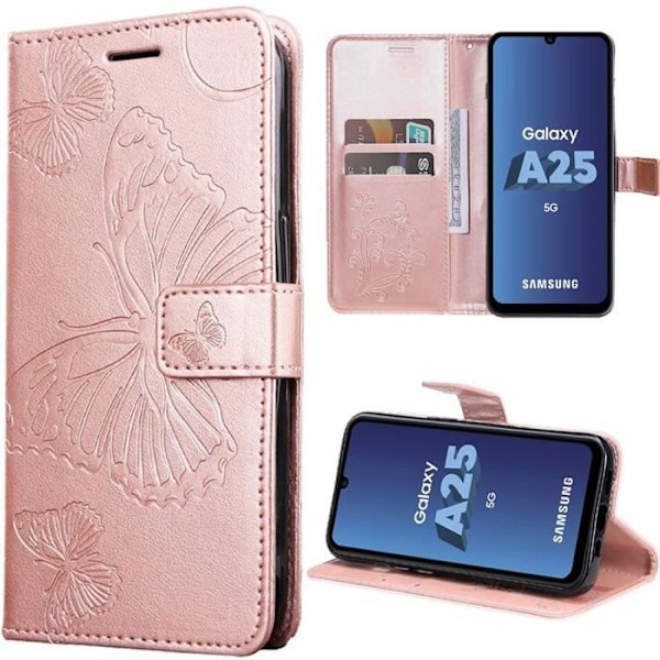 Fodral för Samsung Galaxy A25 5G i konstläder och TPU med kortficka, fjärilsmönster, rosa Rosa