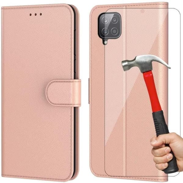 Skydd och Härdade Glas - Booling - för Samsung A22 4G - Rosa - Läderlook - Represistent Rosa