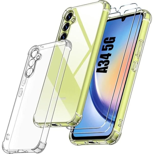 Fodral för Samsung Galaxy A34 5G Transparent 4 förstärkta hörn + 2 härdade glasögon Transparent