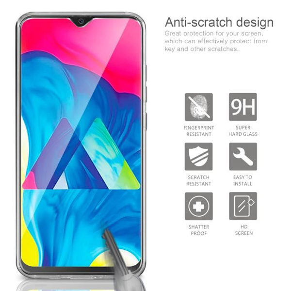 Fodral för Samsung Galaxy M10，Silikontransparent TPU-fodral Skyddsfodral + härdat glasfilm för skydd