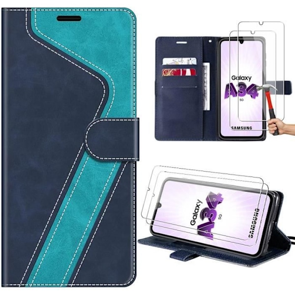 Skyddsfodral - BOOLING - Samsung Galaxy A34 5G - PU-läder och TPU - Stativ - 2 Härdat Glas Blå