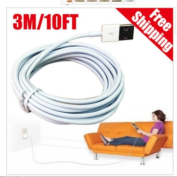 3M / 10FT IOS 8 Laddnings USB-kabel 3 meter 3m lång laddare för iPhone 6 6 plus kabel för iPhone 5 5S 5C iPad air, kabel