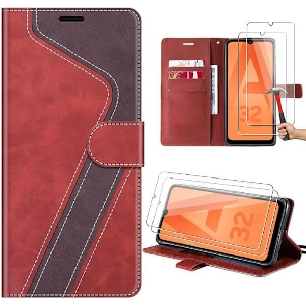Skyddsfodral - Samsung - Galaxy A32 5G - Röd PU-läder - Fack för kort - Justerbar ställning Rödbrun