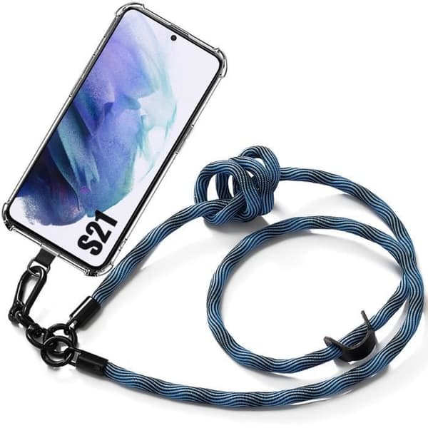 Coque Antichoc - BOOLING - för Samsung Galaxy S21 - Förstärkt skydd - Avtagbart snöre - Blå Blå, klar