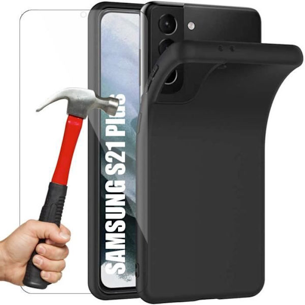 Set med 2 härdade glasögon + fodral för Samsung S21 Plus (6,7") Klassisk svart glänsande färg Mjuk lätt anti-skrapa