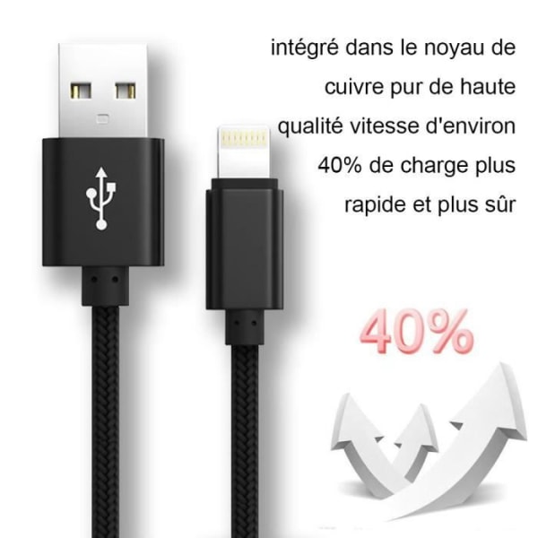 3A snabbladdarkabel 1M för iPhone 13/12/11/Pro/X/XR/XS/MAX/8/7/6 iPad iPod Nylon flätad svart Svart