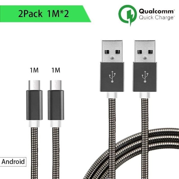 Micro USB-kabel - Svart Metall - 2-pack - 1M - Kompatibel med Android - Snabbladdning - Elegant