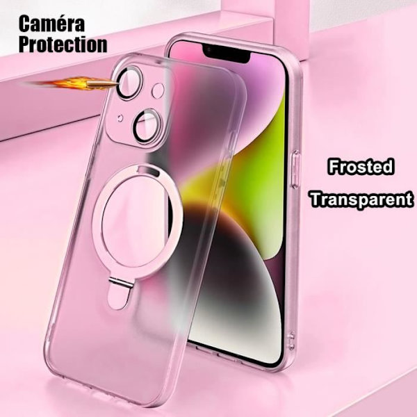 Fodral för iPhone 15 Pro Max, hårt stötsäkert skydd med magnetisk ringhållare och kameraskydd - halvtransparent rosa Rosa