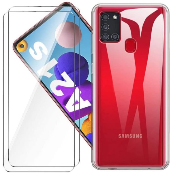 2-pak hærdet glas + etui til Samsung Galaxy A21s 6,5" gennemsigtigt silikone TPU-cover telefoncover