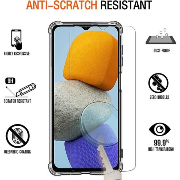 Etui til Samsung Galaxy M23 6,6" + 3-pak hærdet glas, stødsikkert silikonebeskyttelsescover, gennemsigtigt tyndt blødt TPU bumpercover Transparent