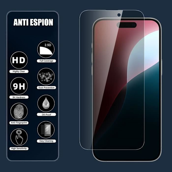 2 Anti-Spy Tempered Glasögon för iPhone 16 Plus - Stötsäkert skydd Svart