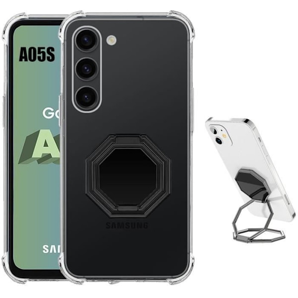 Fodral för Samsung Galaxy A05s (ej för A05) Transparent stötsäker silikon med justerbart åttakantigt stativ