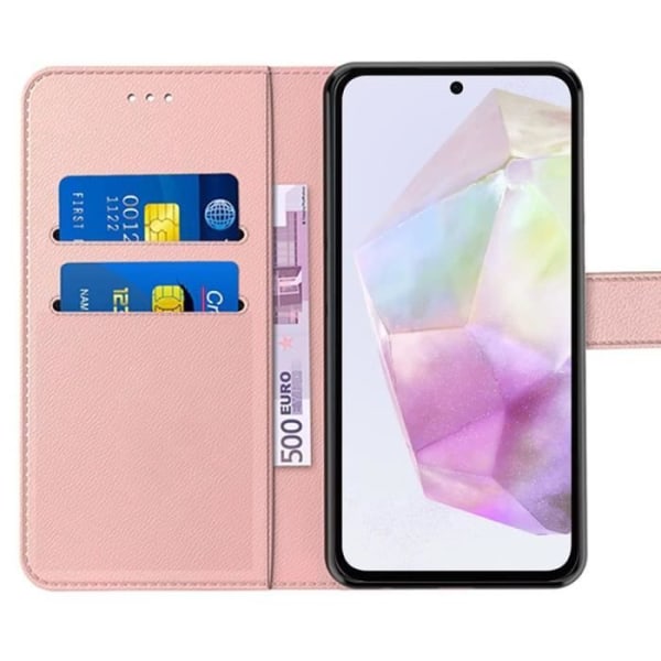 Fodral + 2 härdade glasögon för Samsung Galaxy A35 5G, stötsäkert skydd i PU-läder och TPU med korthållare, rosa Rosa