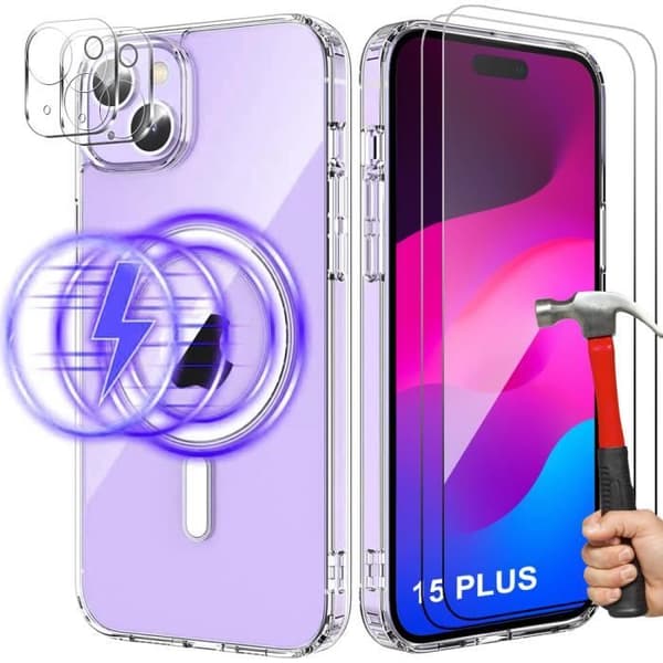Coque - BOOLING - för iPhone 15 Plus - Magnetiskt Ring - 2 Härdade Glas - 2 Kameraskydd Transparent