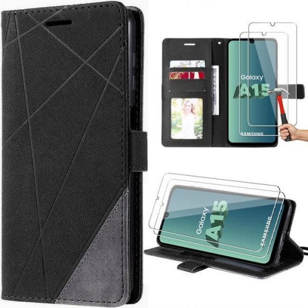 Coque för Samsung Galaxy A15 5G - Svart - PU-läder - 2 Härdat Glas - Multi-position Stöd Svart