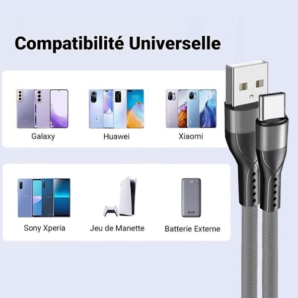 Förpackning med 3 snabba USB-C-kablar 3A för Google Pixel 9 - 9 Pro - 8 - 8a - 8 Pro - 7 - 7a - 7 Pro - 6 - 6 Pro - 6a - 1 Meter Grå Nylon Grå