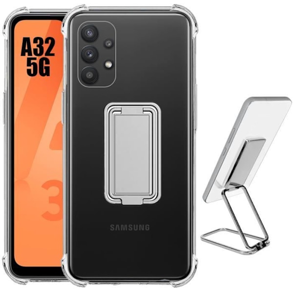 Stötsäkert silikonfodral till Samsung Galaxy A32 5G med justerbart fällbart stativ Silver transparent-silver