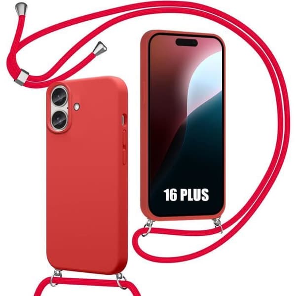 Coque - för iPhone - 16 Plus - Mjukt Silikon - Stötresistent - Röd Snodd Röd