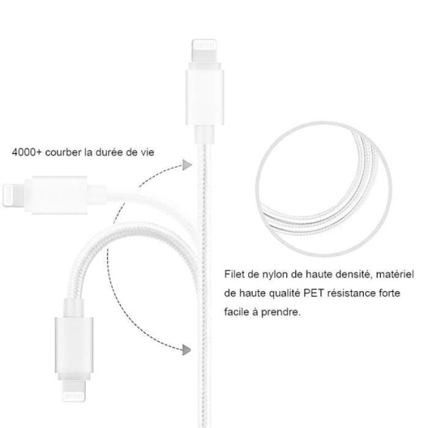 Set med 2 kablar för iPhone, 1M, vit nylon