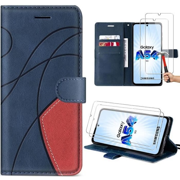 Skyddshölje - Samsung - Galaxy A54 5G - Bicolore PU-läder - 2 Härdat glas - Flera positioner stöd Marinblå, röd