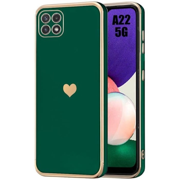 Skyddsfodral - Samsung - Galaxy A22 5G - Mörkgrön - Stötsäker - Lyxig Design Guld Hjärta Nattgrönt