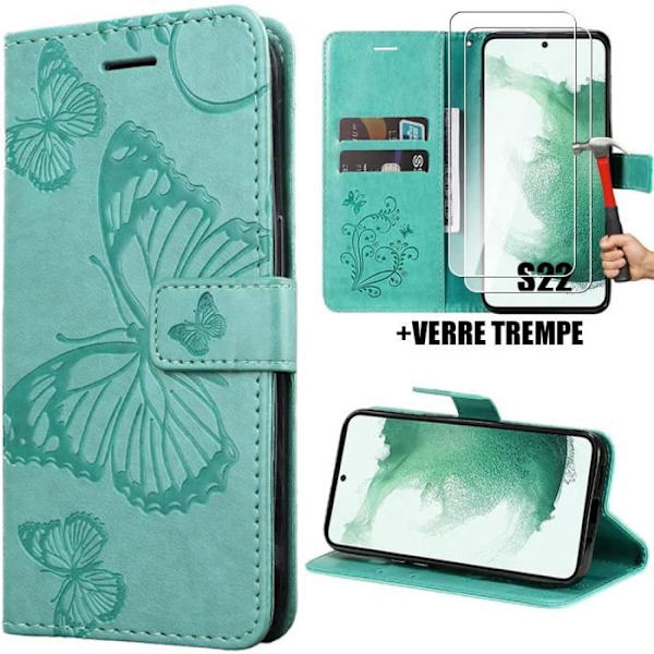 Coque för Samsung Galaxy S22 - MÄRKE - Grön - Syntetiskt läder - Fjärilsmönster - Magnetisk stängning Grön