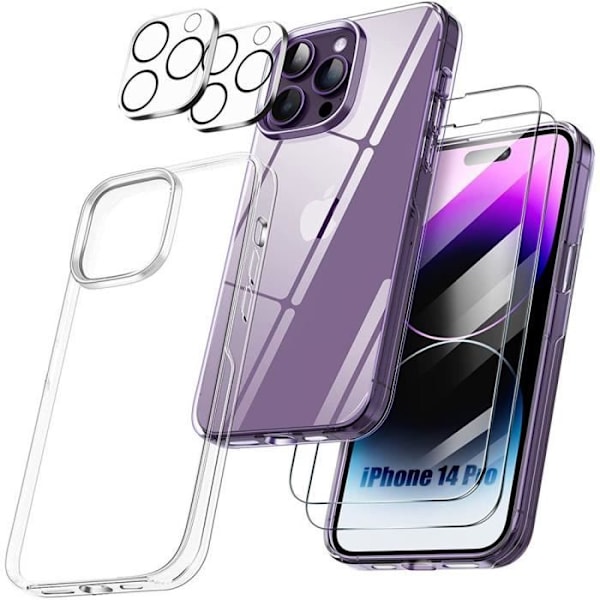TPU-fodral för iPhone 14 Pro + 2 härdade glasögon och 2 bakre kameraskydd Transparent