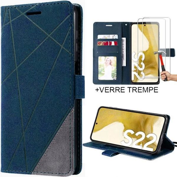 Coque för Samsung Galaxy S22 - BOOLING - Helt Stötabsorberande Lädereffekt - Mörkblå - 2 Härdat Glas marinblå