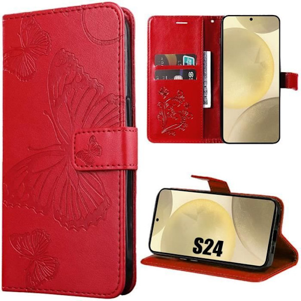 Skyddande skal - BOOLING - Samsung Galaxy S24 - Röd - Fjärilsmönster - Stötresistent Röd