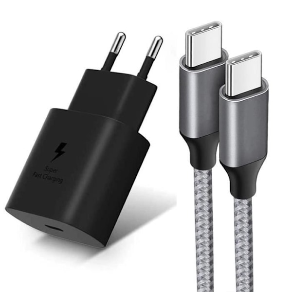 USB-C-laddare 25W + Nylon USB-C till USB-C-kabel Grå 1M för Samsung Galaxy A26 A24 A23 A22 A03s A04s A12 A13 A14 A16 Svart
