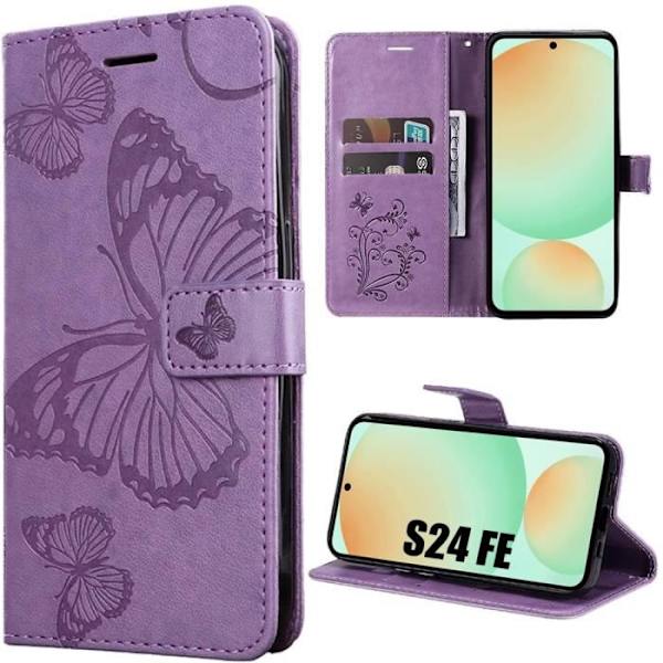 Fodral till Samsung Galaxy S24 FE (ej för S24) Stötsäkert lädereffektskydd med lila fjärilsmönster