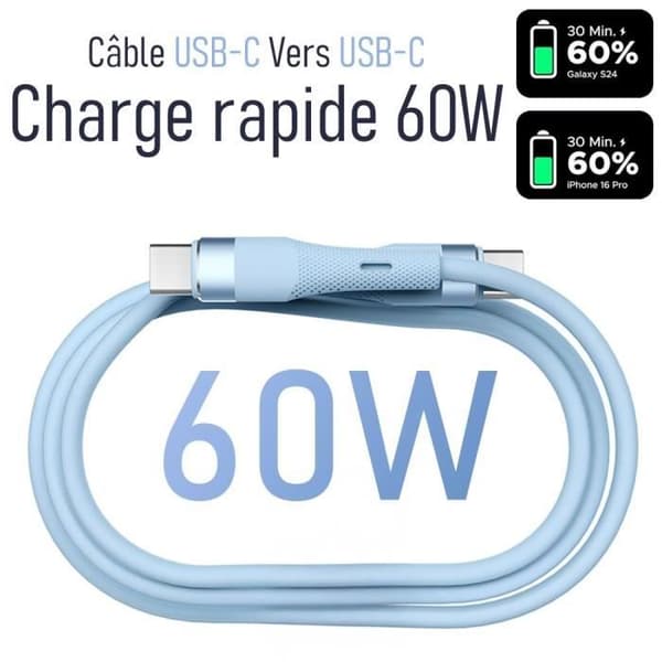 2x USB-C-kabel 60W Snabb laddning för Redmi 14C, 13C, A3, Redmi Note 14, Note 13 Pro, Note 12, Note 11-11S - Blå 1 Meter Blå