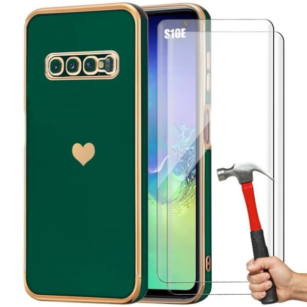 Etui til Samsung Galaxy S10e Midnight Green Shockproof Love Heart-mønster og 2 hærdede briller