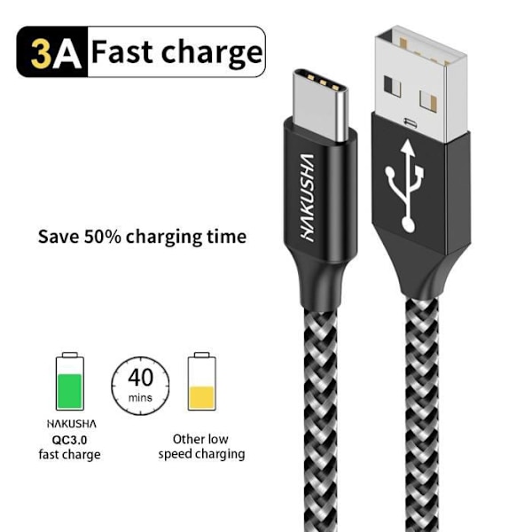 USB Typ C-kabel 1M-3.3FT 3A Snabbladdningsladdare Typ C Nylonflätad laddarekabel för Samsung Galaxy S20 S8 S9 S10 S20[618]