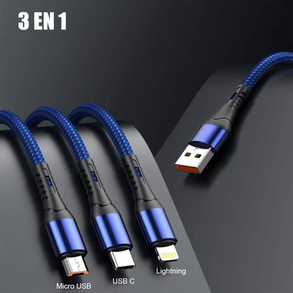 Laddningskabel 3 i 1, USB-C Micro-USB för Xiaomi Redmi Note 12/13/14, Redmi 14C 13C 12C, Xiaomi 12 13T 13 Pro - Blå Blå